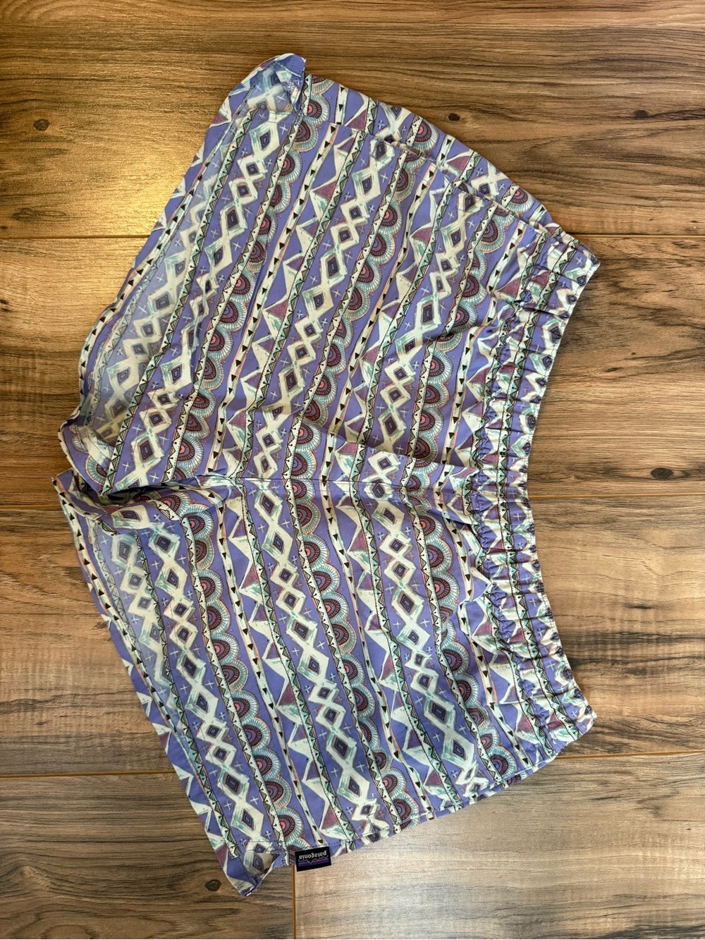 Patagonia Purple Geometric Stripe Athletic Shorts
